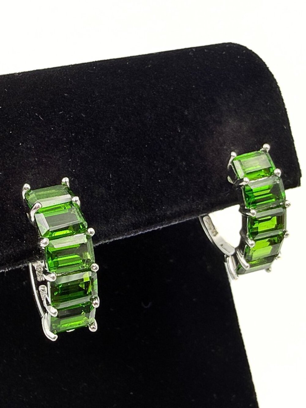Contemporary Hallmark Sterling Silver Cluster Green Diopside Half Hoop Earrings